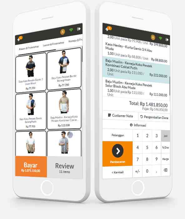 Akses aplikasi kasir menggunakan Android dan iOS. Ilustrasi menampilkan tampilan aplikasi kasir Weevy ketika diakses menggunakan iPhone
