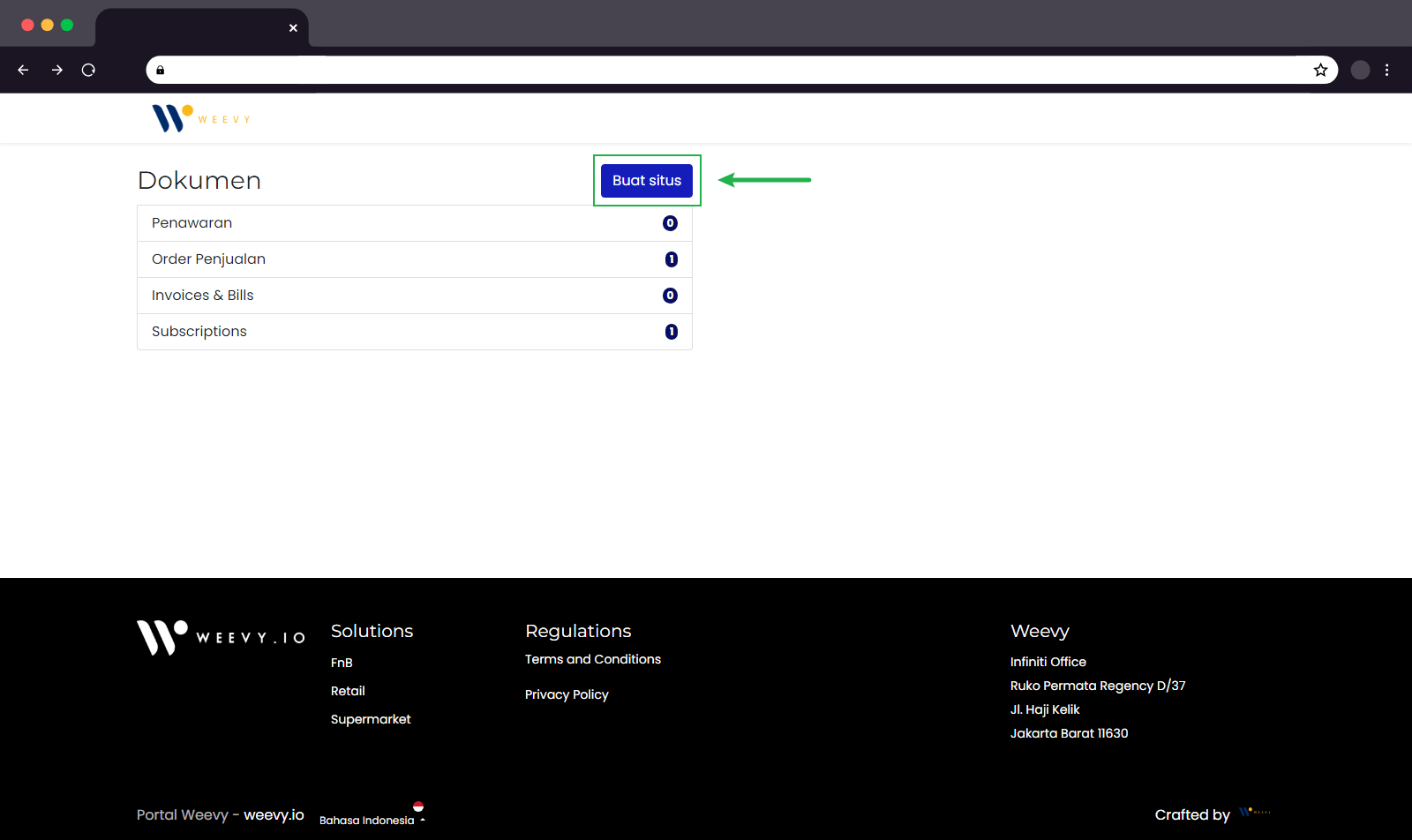 Gunakan tombol biru "Buat situs" untuk memulai langkah pembuatan situs Weevy