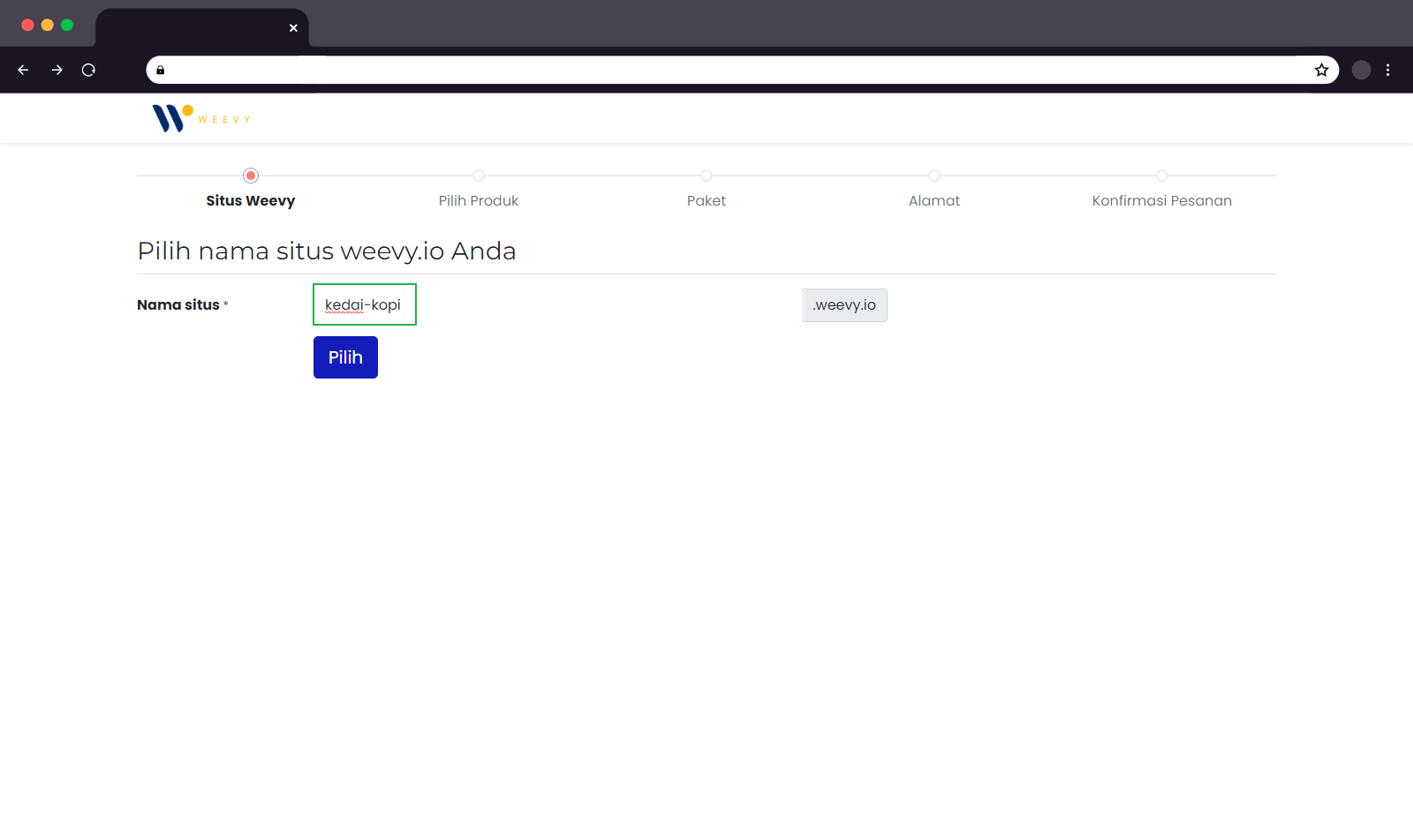 Akses ke weevy again menggunakan nama situs yang telah dipilih. Nama situs dapat juga dikustom menggunakan domain sendiri