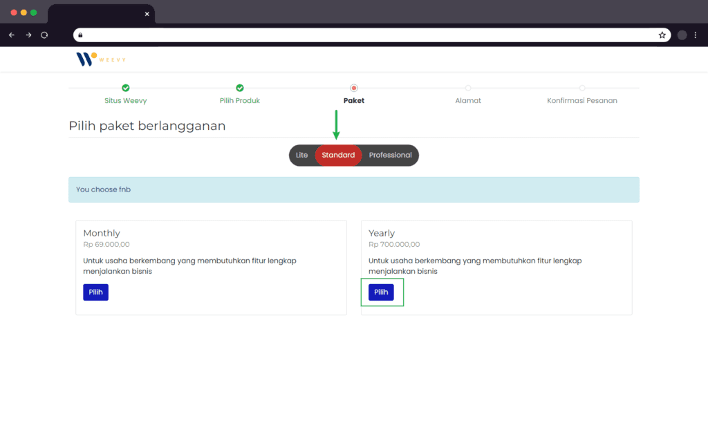 Gunakan tombol "navigation pill" untuk memilih paket "Lite", "Standard", atau "Professional". Lalu, pilih interval pembayaran dengan menggunakan tombol "Pilih". Dapatkan diskon dengan pembayaran tahunan