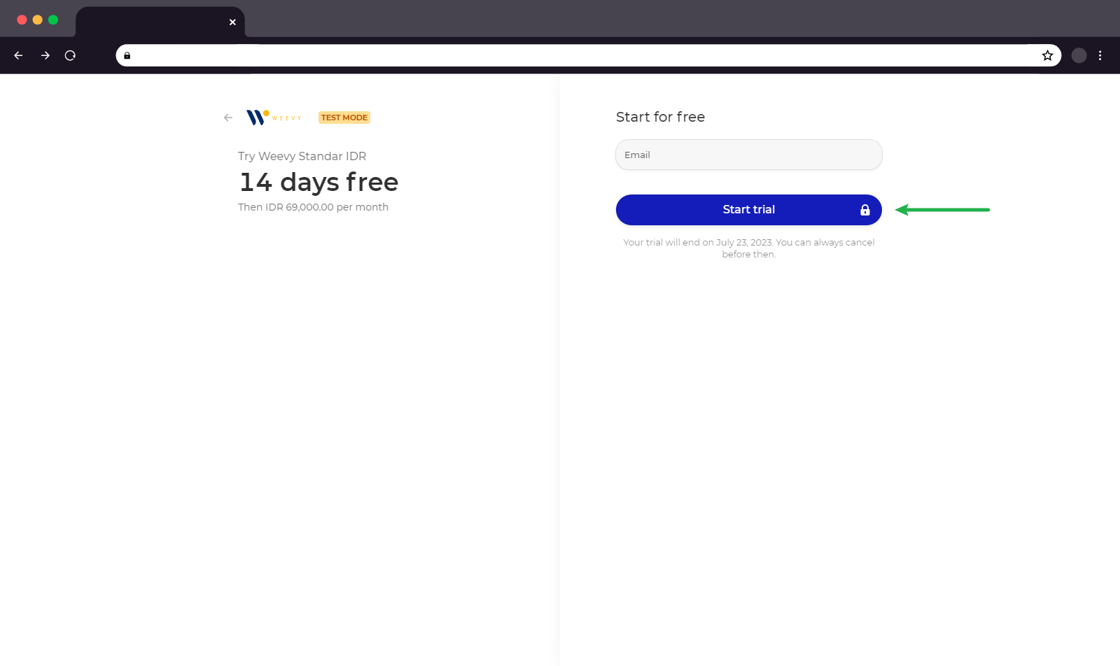 Tekan tombol "Start Trial" untuk menyelesaikan pembuatan situs. Tidak ada pembayaran dibutuhkan untuk saat ini.