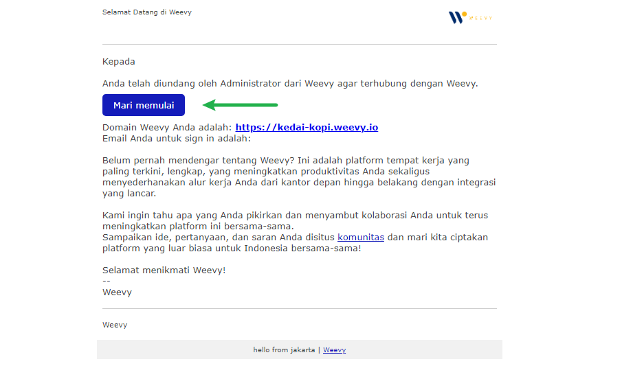Konfirmasi email dapat ditemukan di email yang digunakan saat pembuatan situs Weevy. Pastikan untuk menggunakan tombol "Mari memulai" saat pertama kali meng-akses situs Weevy