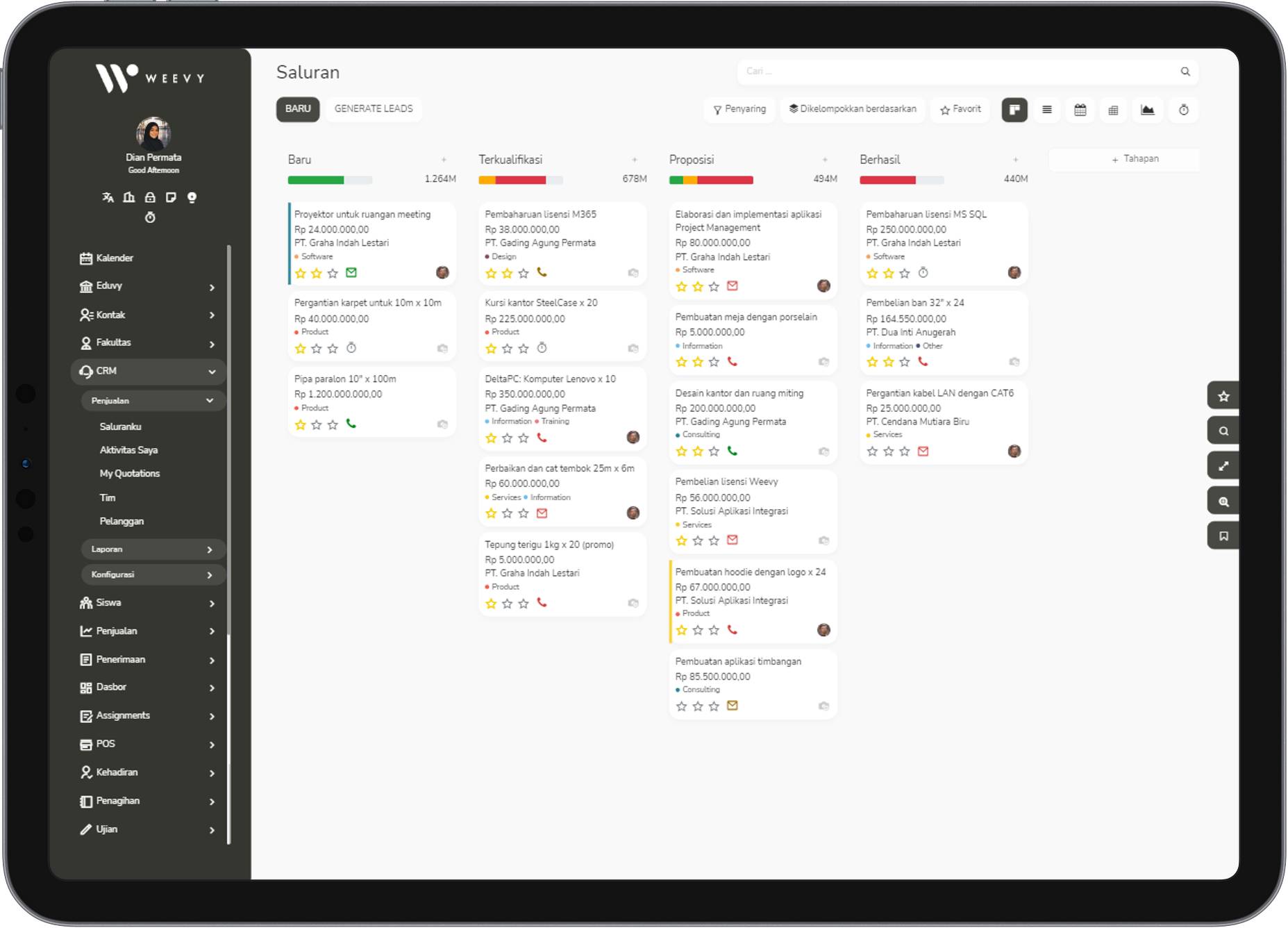 Akses Weevy menggunakan tablet Android and iOS. Dapatkan informasi lengkap terkait bisnis Anda mulai dari aplikasi kasir, CRM, inventaris, akuntansi, laporan dan dasbor dengan seketika